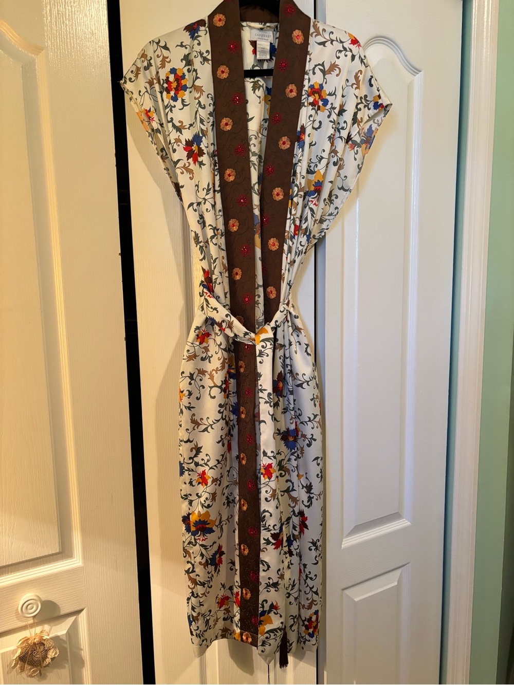 Cabernet White Floral Midi Dress with Brown Trim